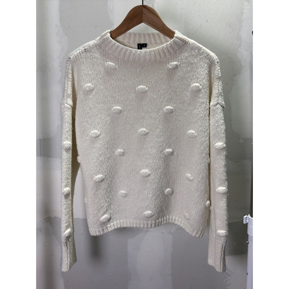 Moon & Madison Womens Cream Pom Pom Chunky Knit Pullover Sweater Small Ivory